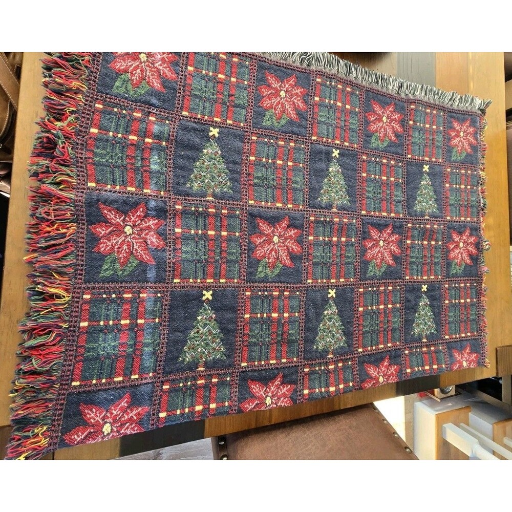 Vintage 1993 Woven Throw Blanket Christmas Trees Poinsettias Plaid 66”x46”